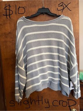 SO Gray & Cream Striped Women's Crewneck Sweater